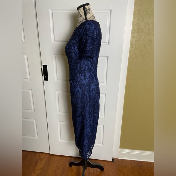 La Femme Beaded Lace Cocktail Navy Midi Dress - Picture 8 of 12